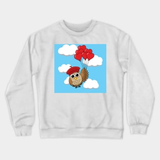 Cute Owl Flying with Heart Balloons in Blue Sky Crewneck Sweatshirt